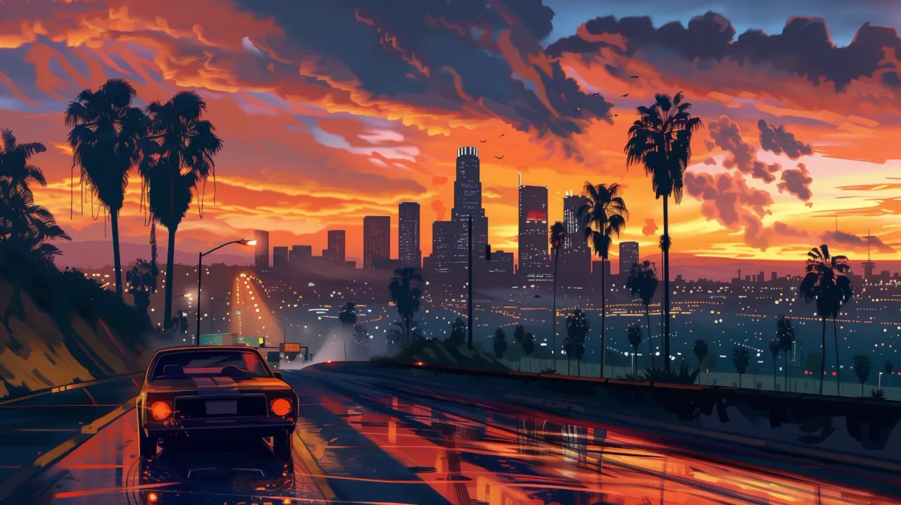 Sunset over downtown Los Santos, with palm trees and a car on a wet highway